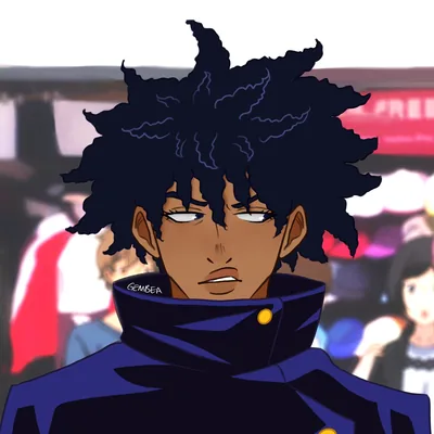 Wild navy curls and pupil-less white eyes over a high blue collar, the market crowd behind him thrown far out of focus.