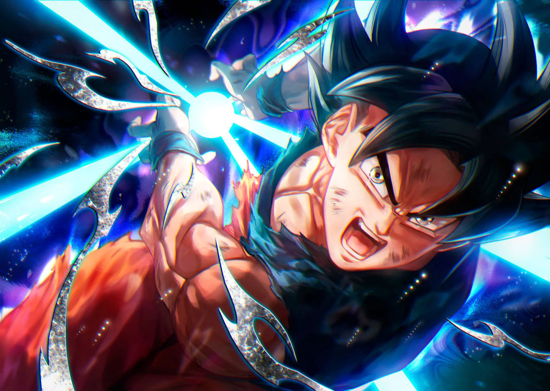 Goku of Dragon Ball roars mid-charge as a blue energy sphere builds in his palms, silver-lined debris spiralling toward the light at the upper left.