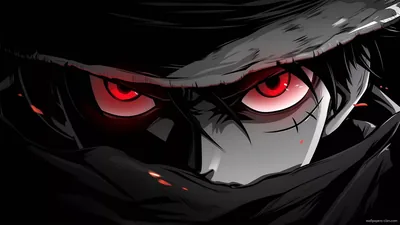 A close crop on two burning red eyes beneath a torn grey hood, the cloth pulled high over the nose and the rest sunk in shadow.