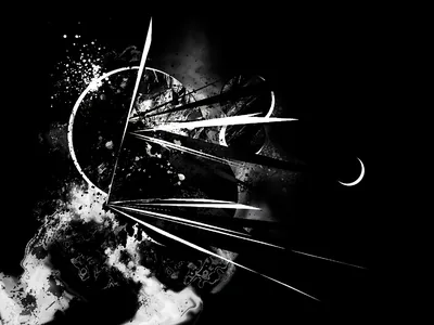 White streaks shoot across a black field beside a ring of scattered dots, with a thin crescent glowing on the right.