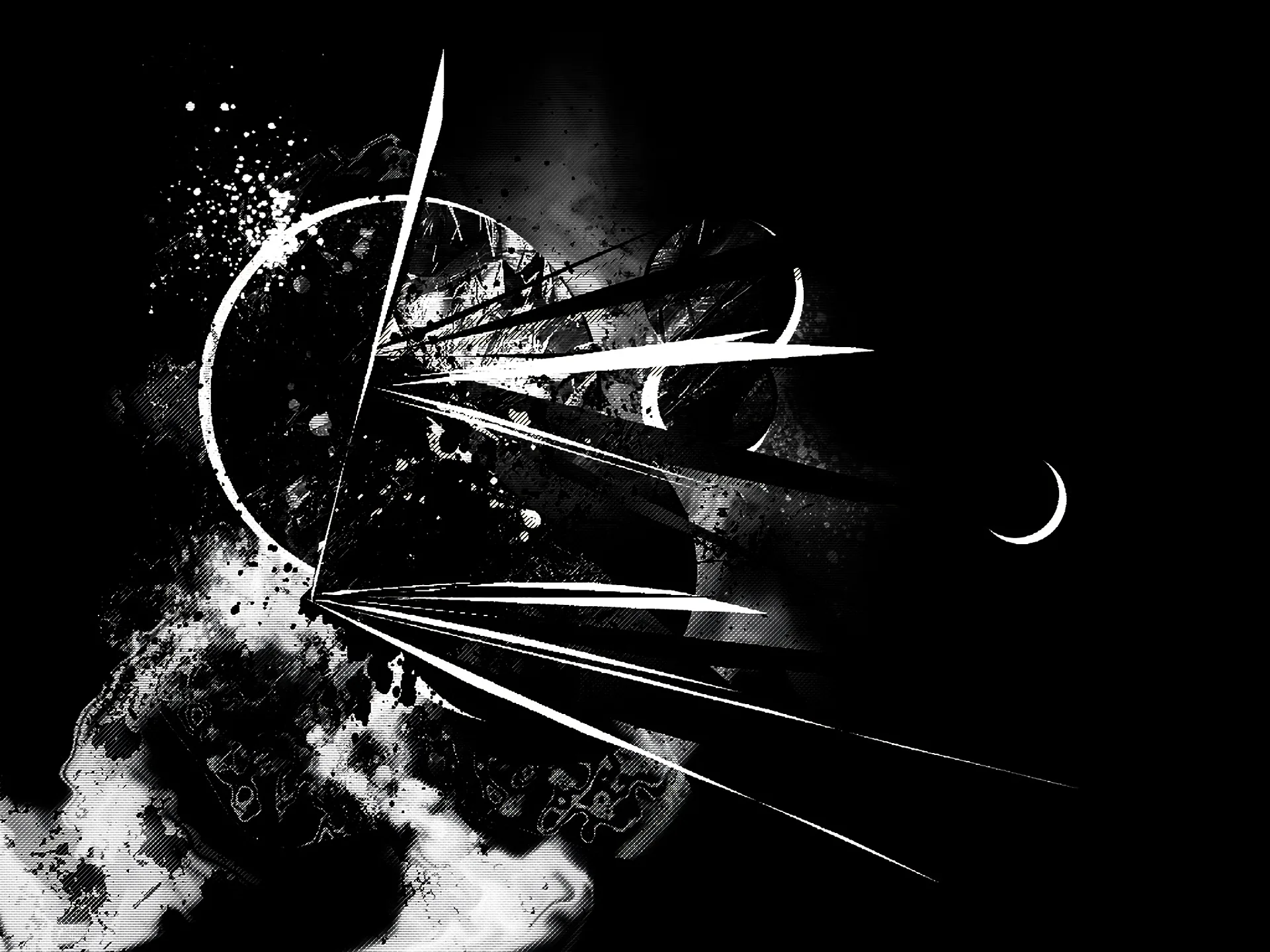 White streaks shoot across a black field beside a ring of scattered dots, with a thin crescent glowing on the right.