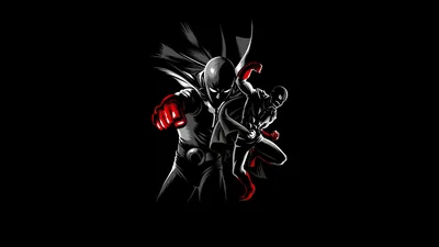 The One Punch Man hero throws a punch in stark white and black linework, red gloves and cape the only colour against an empty background.