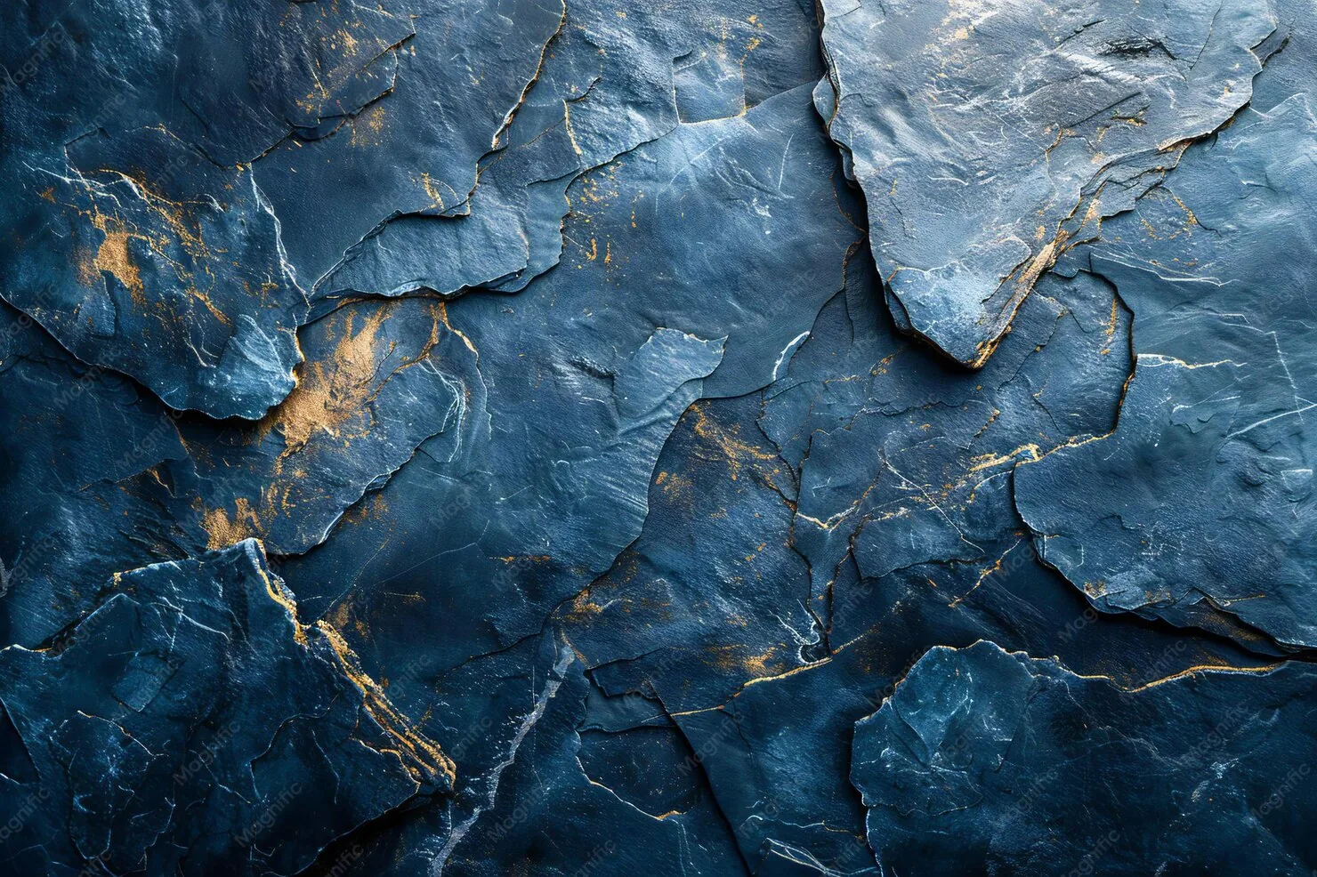 Layered slate stone in matte steel blue, its flaked edges catching pale light, with amber mineral streaks burning through the lower left and centre.