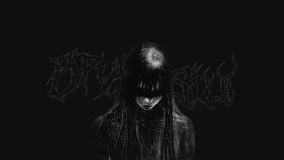 A long-haired figure dissolves into film grain against black, with an unreadable spiky band logo scratched into the space on the left.