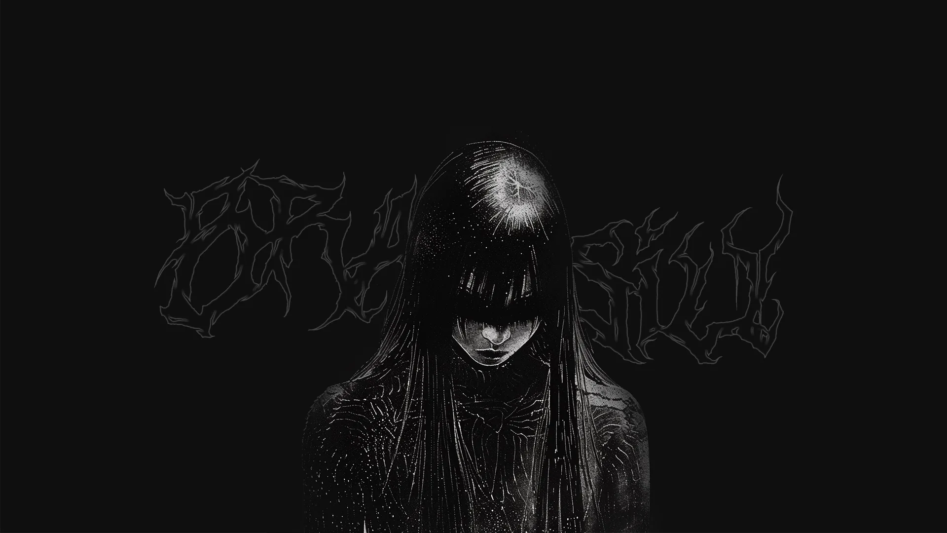 A long-haired figure dissolves into film grain against black, with an unreadable spiky band logo scratched into the space on the left.