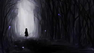 A small dark-haired girl stands on a wet path between tall bare trees, pale violet fireflies drifting in the fog ahead of her.