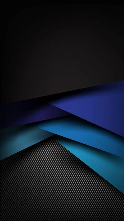 Angled sheets of navy and cyan stack toward the lower half, meeting a carbon-weave panel at the base while the top stays matte grey-black.