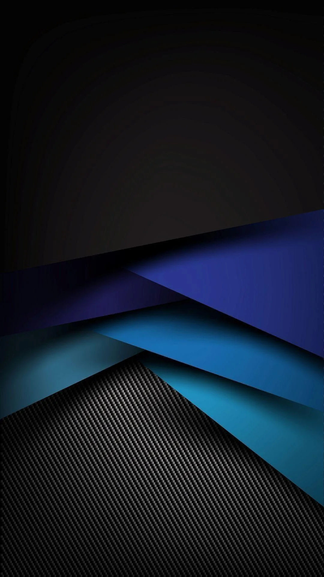 Angled sheets of navy and cyan stack toward the lower half, meeting a carbon-weave panel at the base while the top stays matte grey-black.