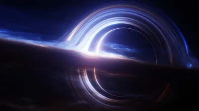 Blue white light bends in arcs above and below the dark sphere, a thin warm line crossing the middle, corners falling to deep indigo.