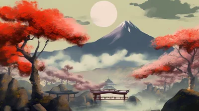 Mist wraps the base of Fuji in this muted painting, red maples flanking a small arched bridge and pavilion beneath a pale moon at top centre.