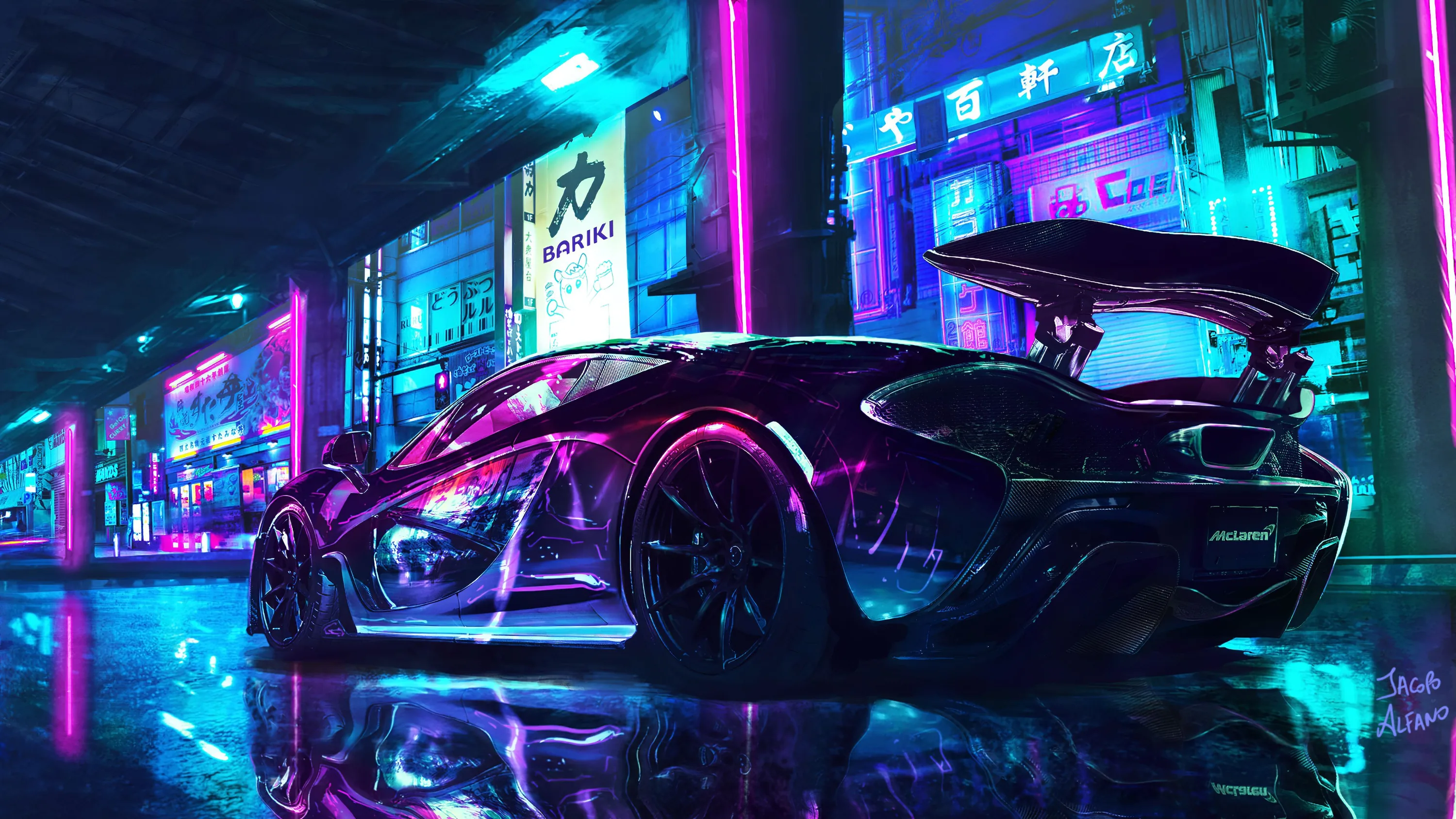 The P1 sits rear-on in a wet alley lined with purple and teal signage, its brake lights and the whole street doubled in the puddles below.