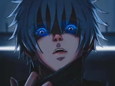 A boy looks up with wide blue eyes and dark markings under them, cold rim light tracing his jaw and the collar he pulls down.