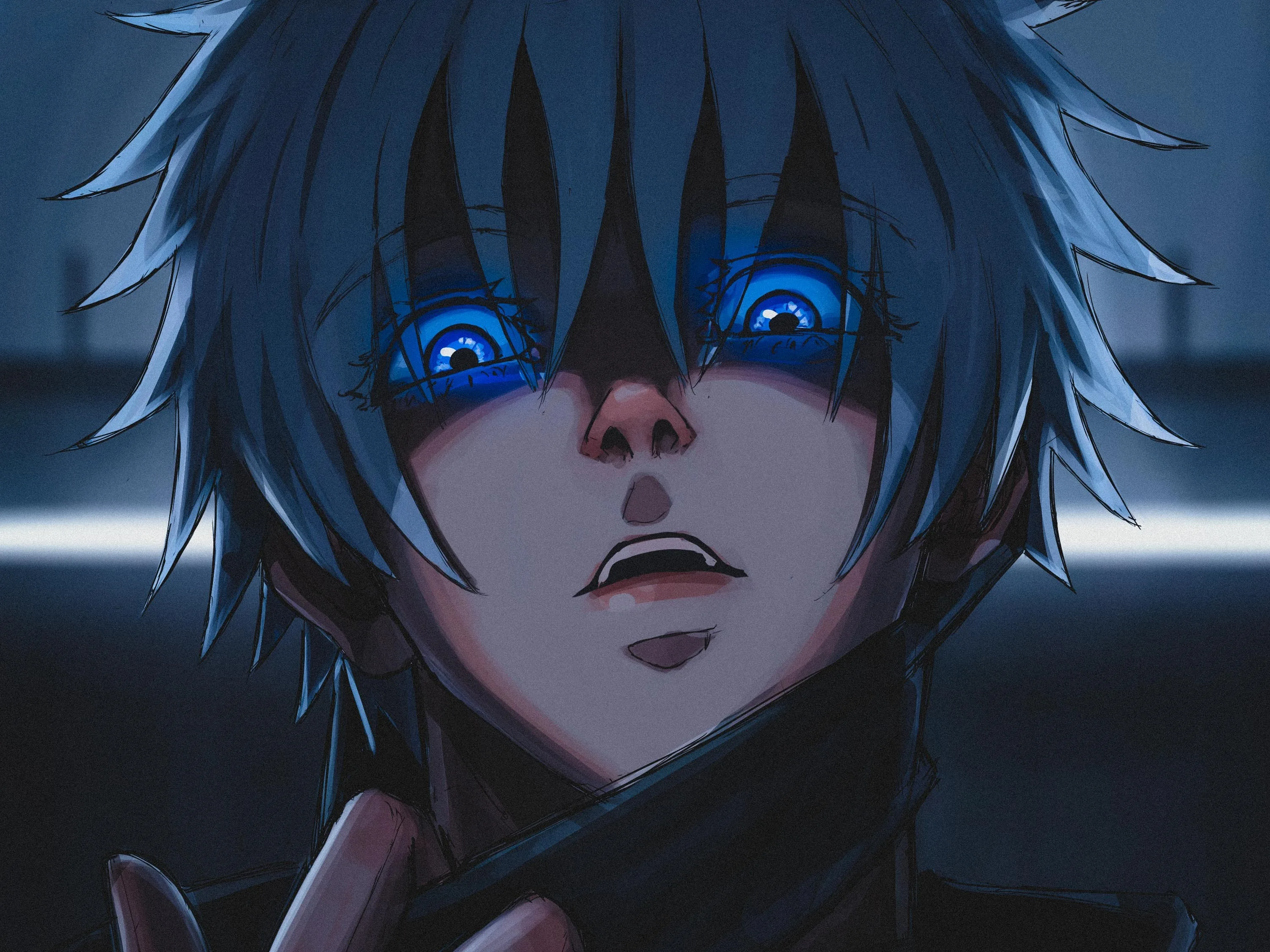 A boy looks up with wide blue eyes and dark markings under them, cold rim light tracing his jaw and the collar he pulls down.