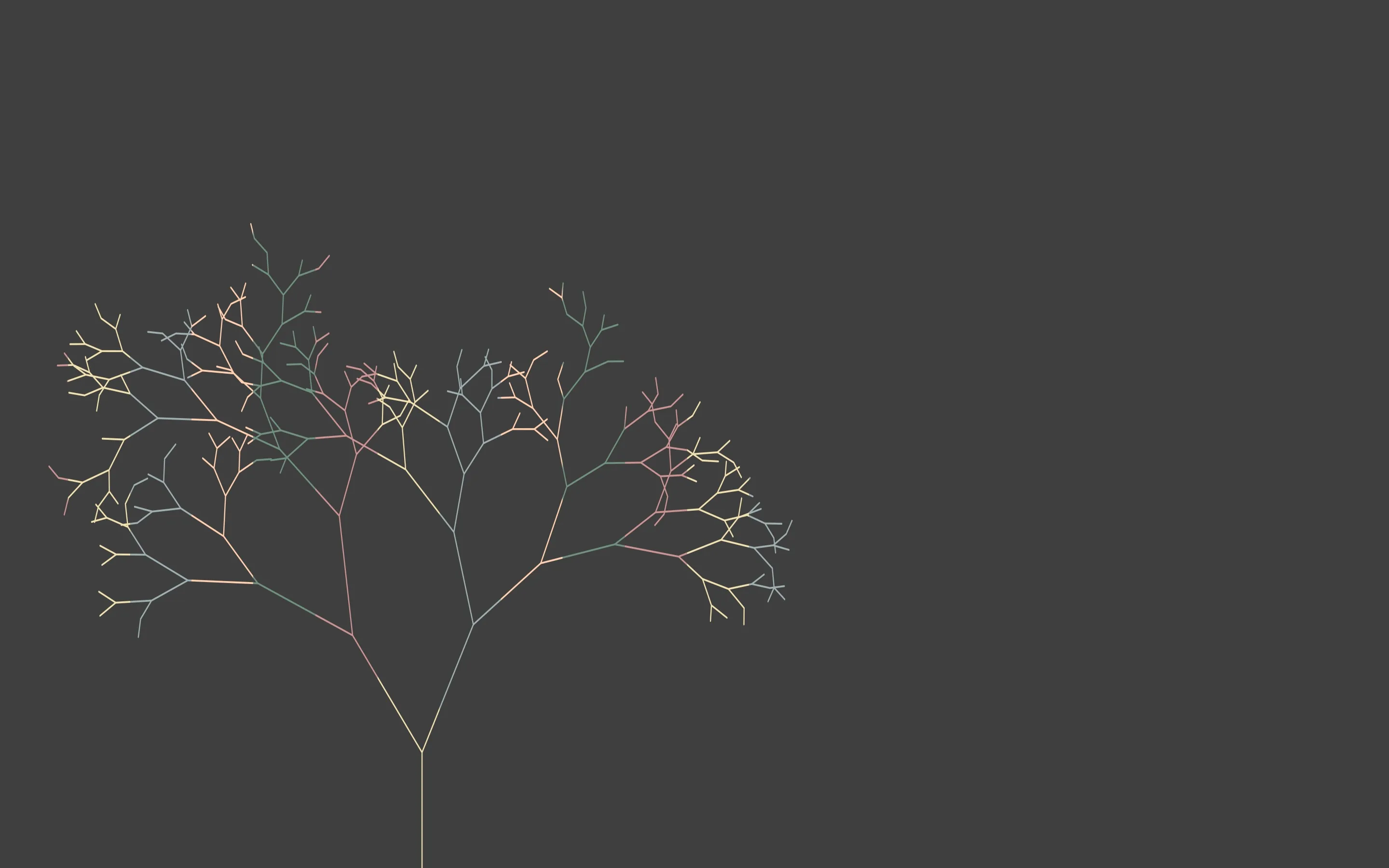 A thin bare tree spreads its branches across the lower left of a flat charcoal field, a few twigs tipped in faded pink and rust.