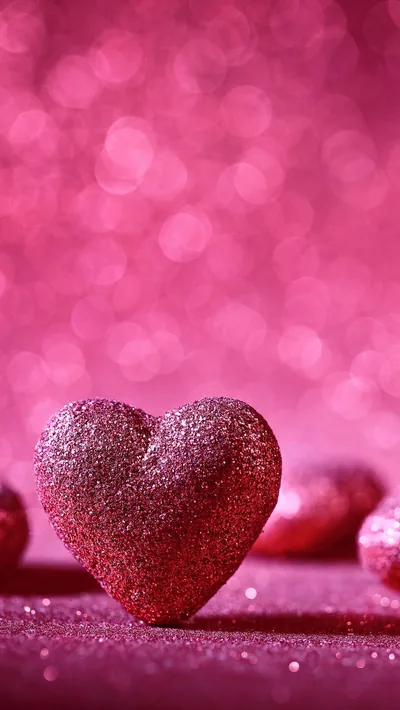 A rose glitter heart stands upright on a sparkling surface, more hearts blurred at the lower right, the whole frame washed in pink bokeh.
