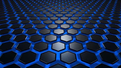 Glossy black hexagon tiles rest on a glowing cobalt base that recedes toward the horizon, the perspective pulling the eye toward a bright band across the upper edge.