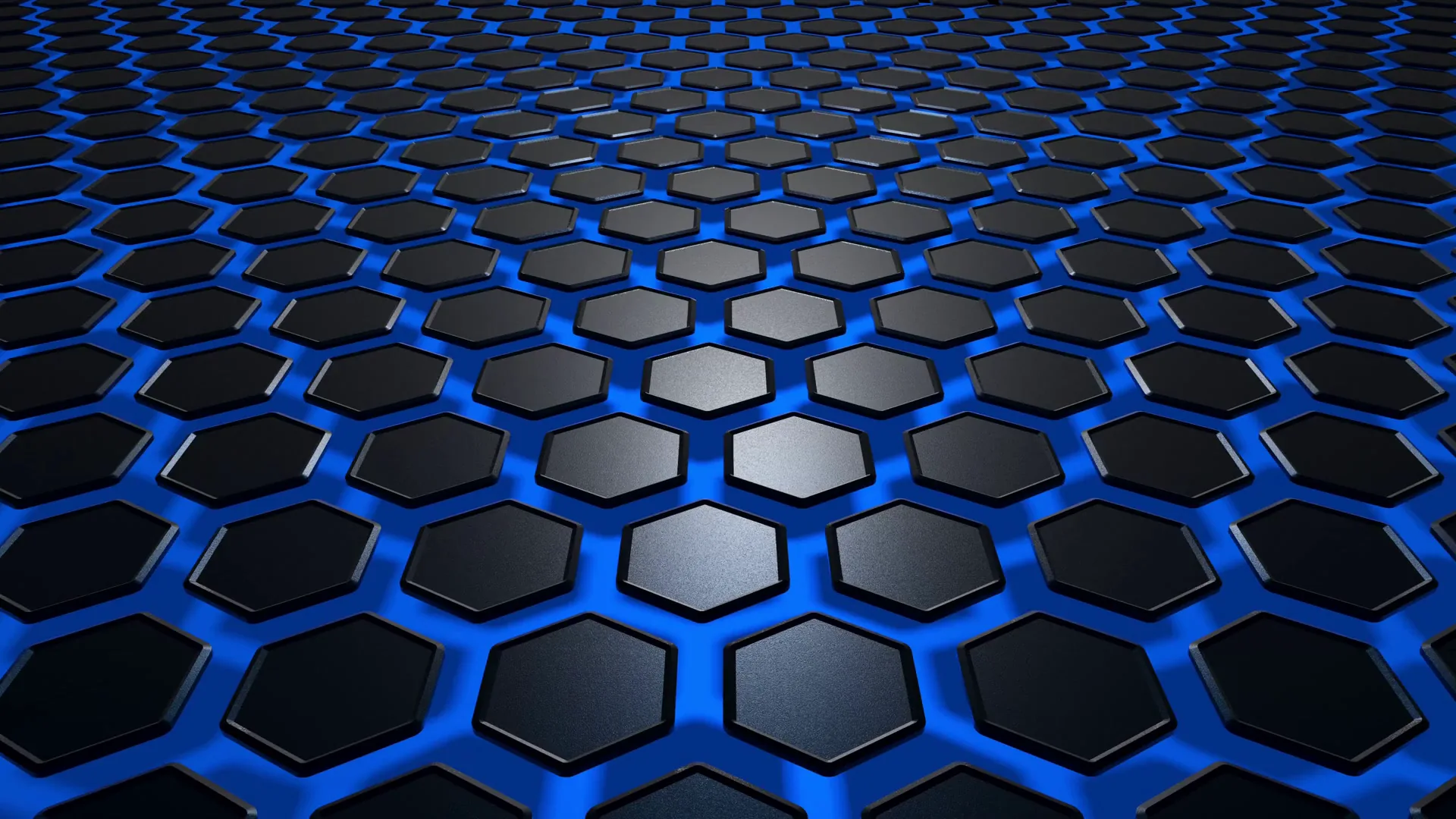 Glossy black hexagon tiles rest on a glowing cobalt base that recedes toward the horizon, the perspective pulling the eye toward a bright band across the upper edge.