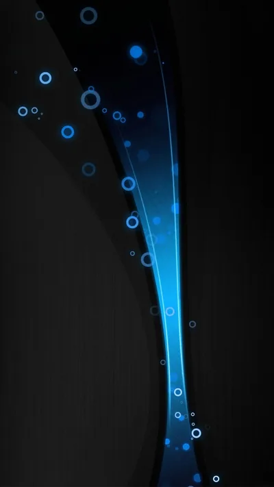 A blue ribbon of light curves up a tall black frame, small glowing rings scattered around it.