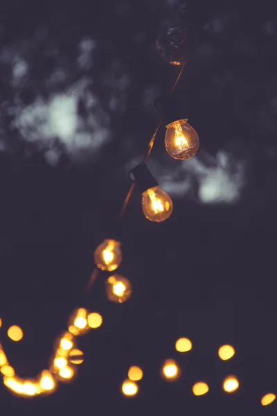 A string of festoon bulbs curves down through a night sky in this tall portrait shot, warm bokeh gathering at the bottom while the upper left stays dark.