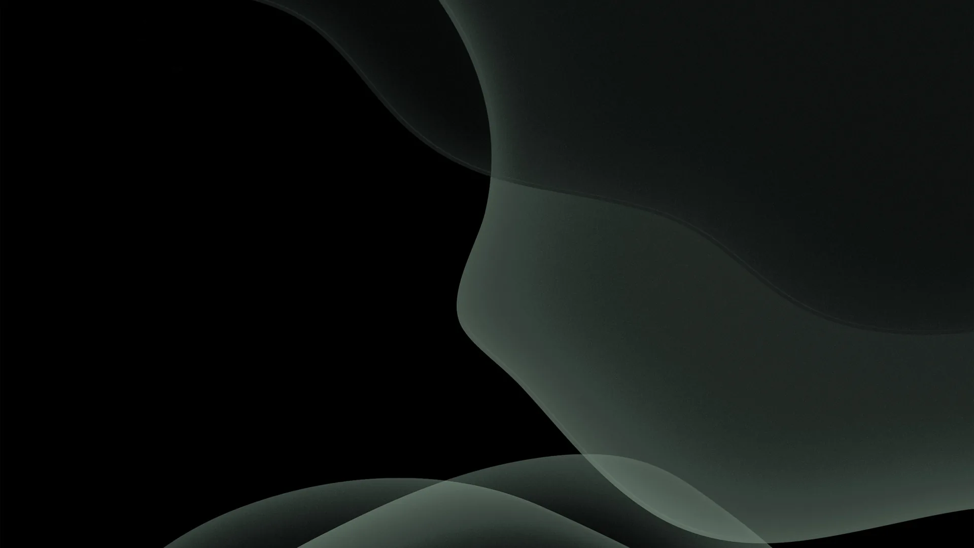 Translucent grey-green curves overlap down the right side and along the bottom, the upper left corner left completely black.