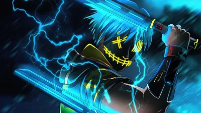A masked figure with X-shaped eyes and a stitched grin crosses two glowing blades, electric blue arcs crackling against a black field that suits OLED screens.
