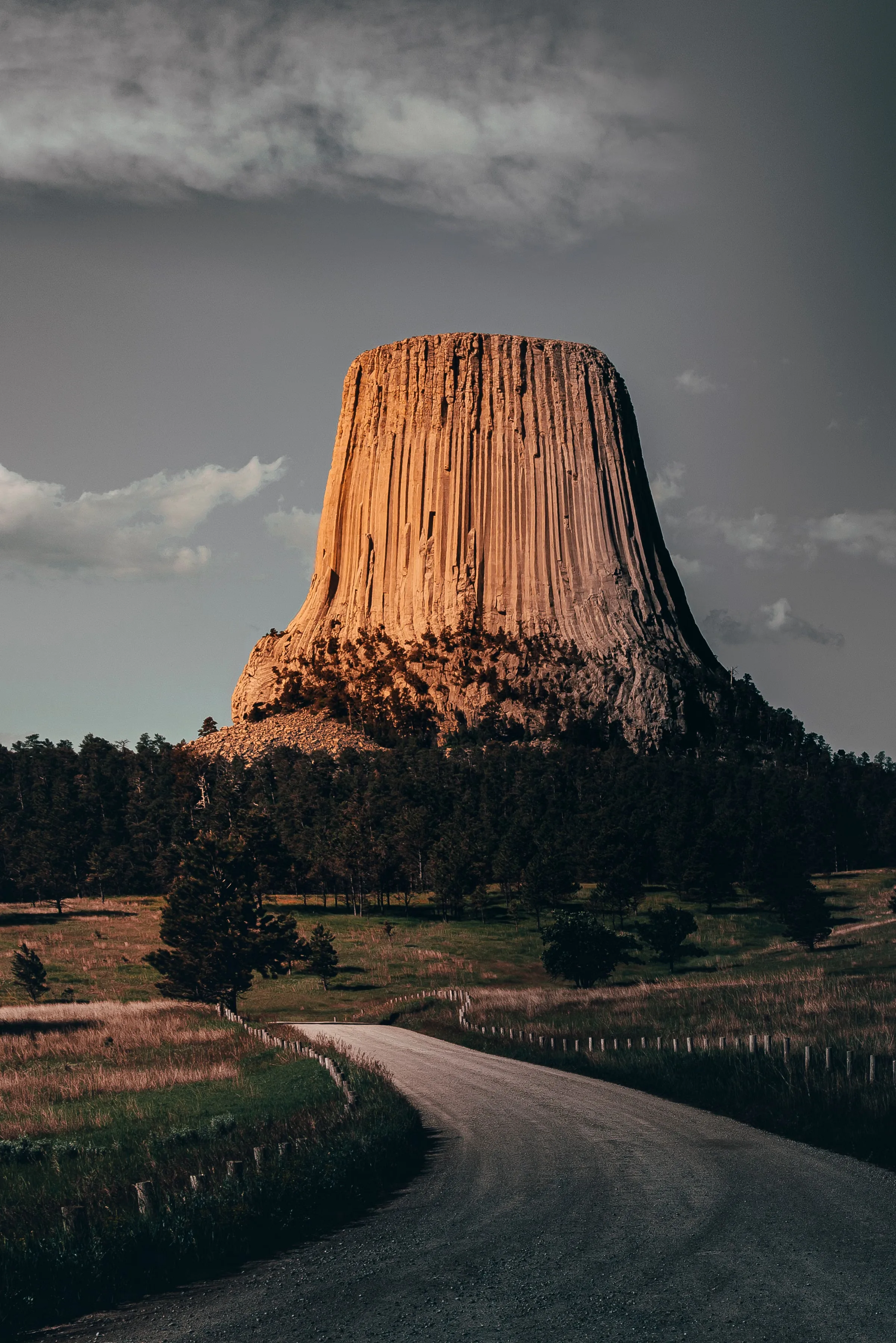 Evening sun catches the columned face of Devils Tower while the road below curves in from the left; grey sky fills the whole upper third.