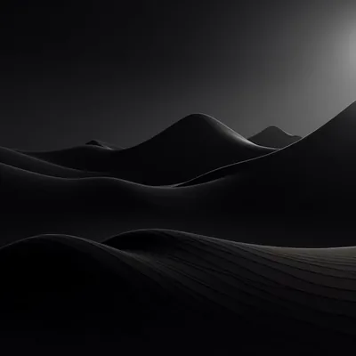 Smooth 3D dunes roll across a matte black field while a single soft glow at the top right rakes light along their ridges.