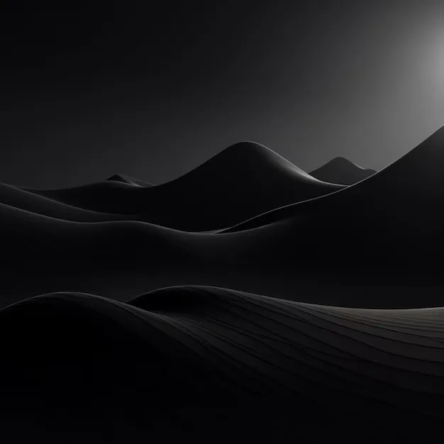 Smooth 3D dunes roll across a matte black field while a single soft glow at the top right rakes light along their ridges.