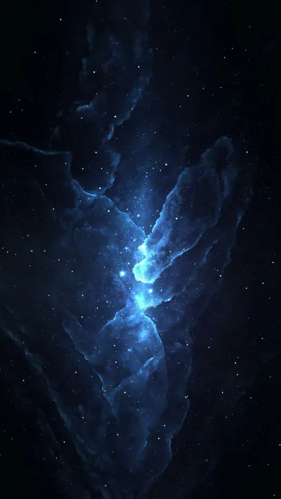 A column of pale blue gas glows at the centre of the frame, dimming into star-flecked darkness toward the corners.