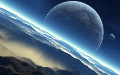 A cratered planet and its small companion hang above a blue cloud band, sunlit mist pouring over dark mountain ridges at the bottom of the frame.