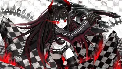 A horned girl in a sailor top lunges forward with a blade, her red eyes and the red seams in her coat burning against torn checkered banners.