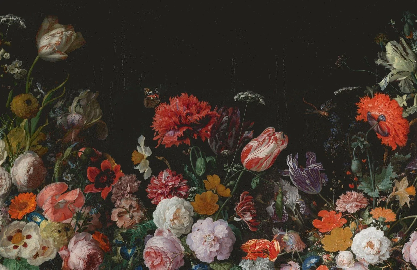 Carnations, tulips, roses and poppies pile up across the bottom of the frame in oil paint, the top left empty and almost fully black.
