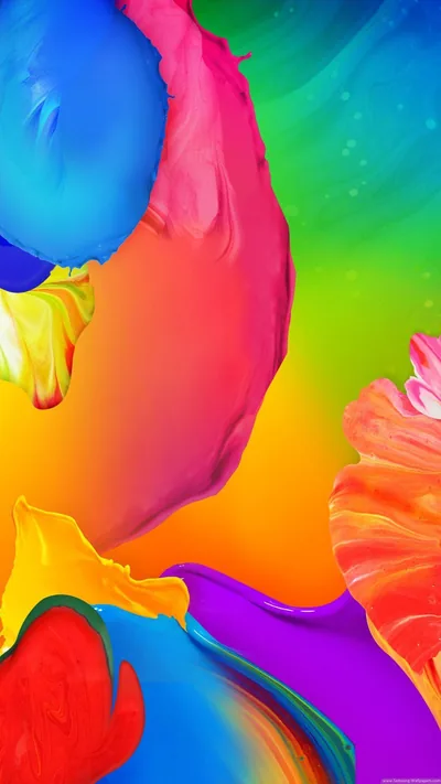 Thick blobs of red, blue, orange and violet paint pile over a green backdrop, glossy highlights on every blob; busy edge to edge, best behind few icons.