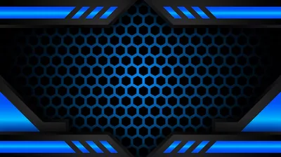 A backlit honeycomb mesh glows blue at the centre while black tech-style panels with striped accents frame the top and bottom edges of the screen.