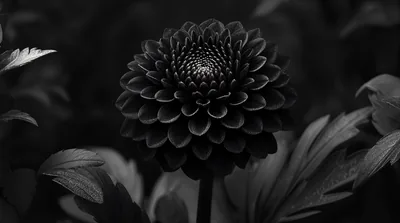 A near-black dahlia sits centred with its petals packed in tight spirals, faint light picking out the leaves on either side.