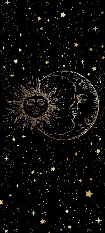 An engraved gold sun face meets a crescent moon with a sleeping profile, small gold stars scattered across the black in vintage celestial style.