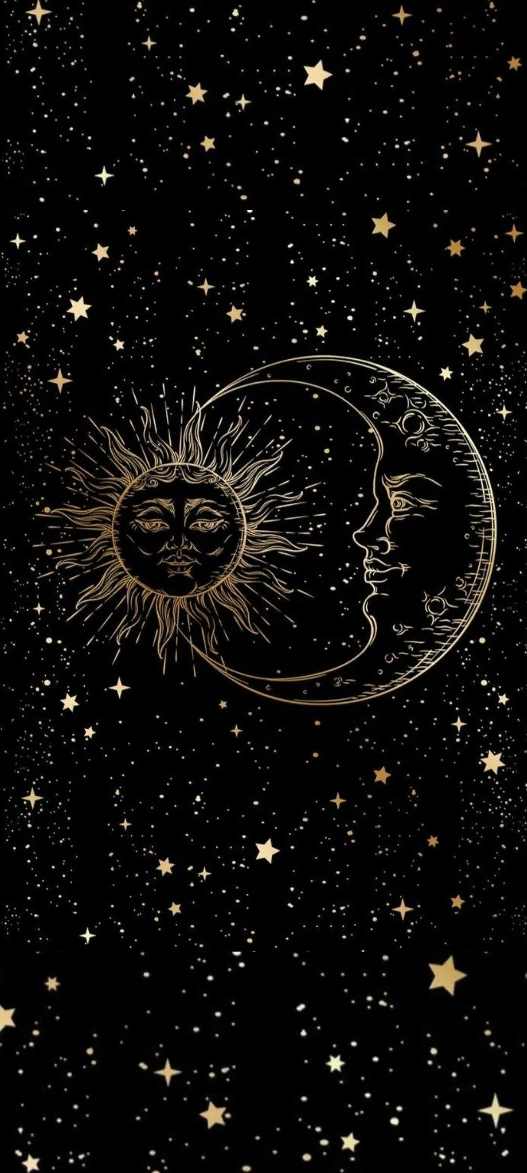 An engraved gold sun face meets a crescent moon with a sleeping profile, small gold stars scattered across the black in vintage celestial style.