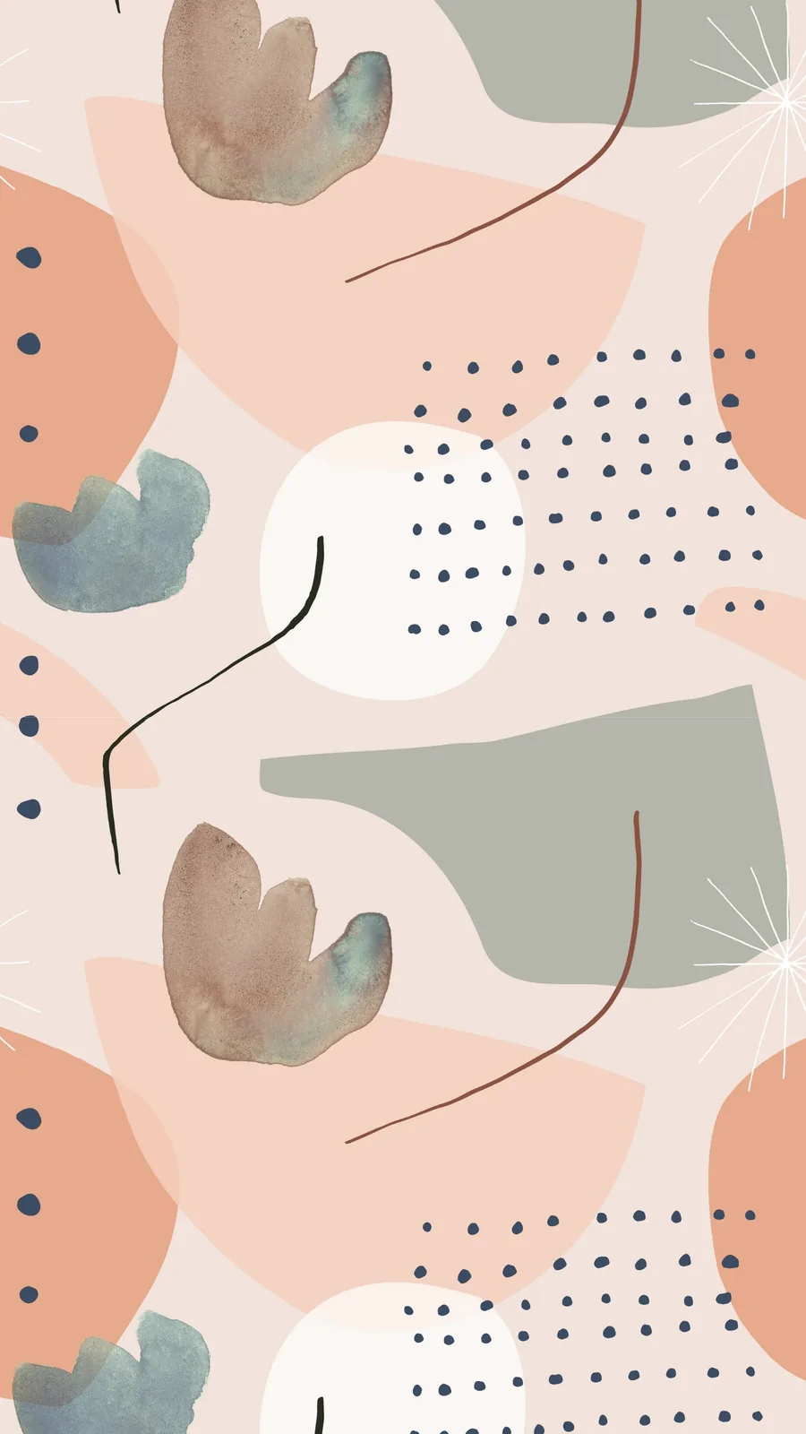 Blush and sage watercolor shapes repeat in loose rows, dotted grids and thin ink arcs between them like a hand-painted mid-century pattern.