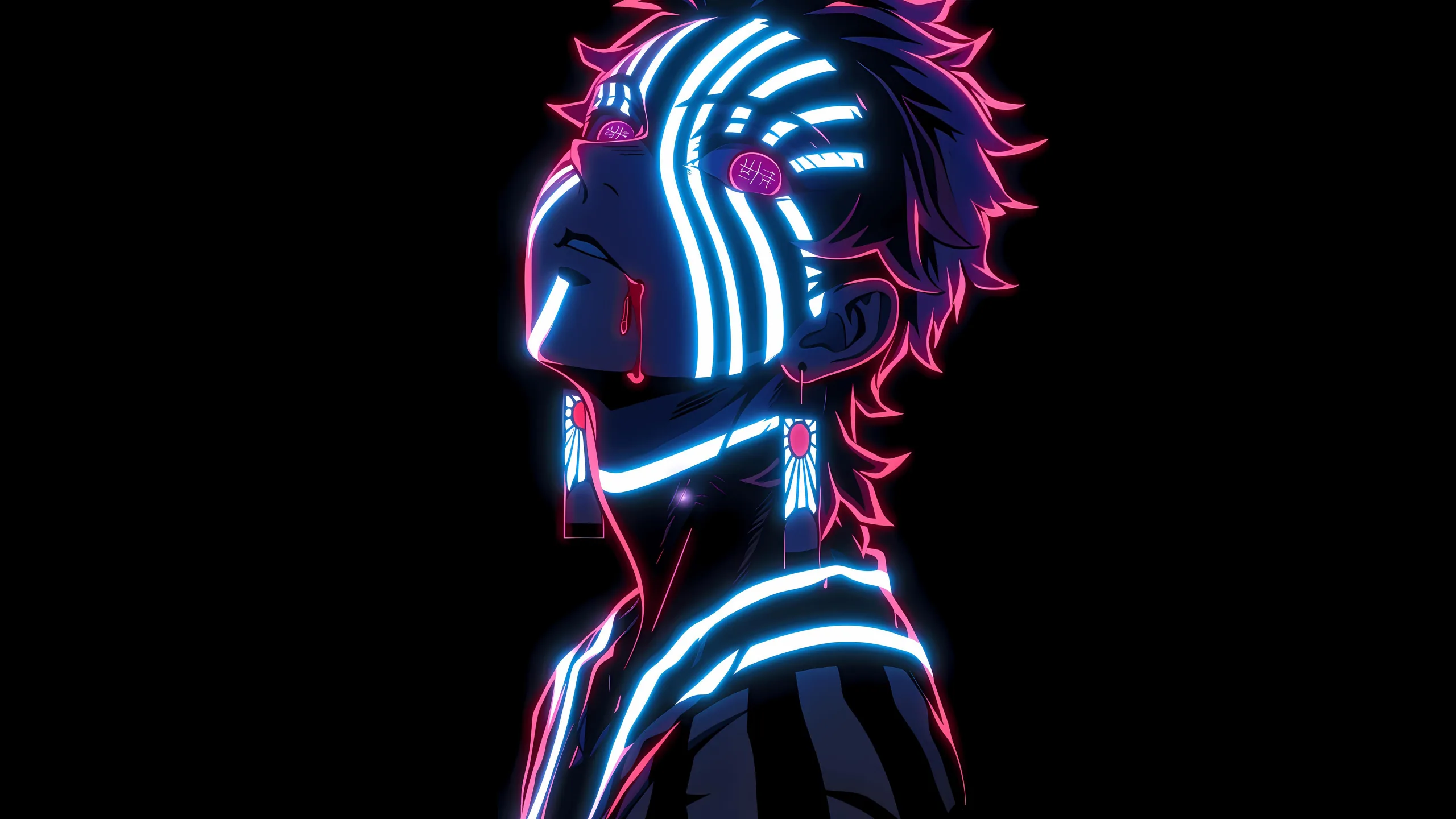 A character in profile is wrapped in white and red light bands across the hair, neck and jacket, everything else dropping into flat black.