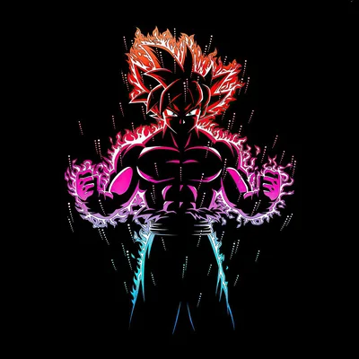 Goku appears only as a silhouette of red, magenta and blue energy crackle on flat black, the square frame staying true black to the corners.