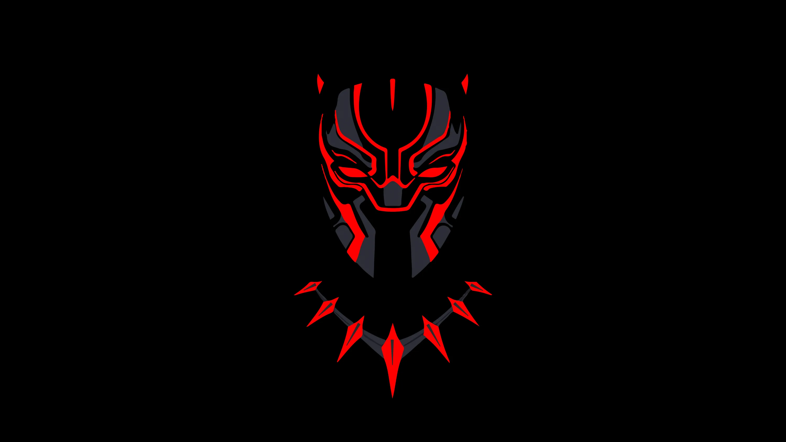 The panther mask drawn in thin red neon lines on pure black, only the eyes and necklace teeth breaking the dark.