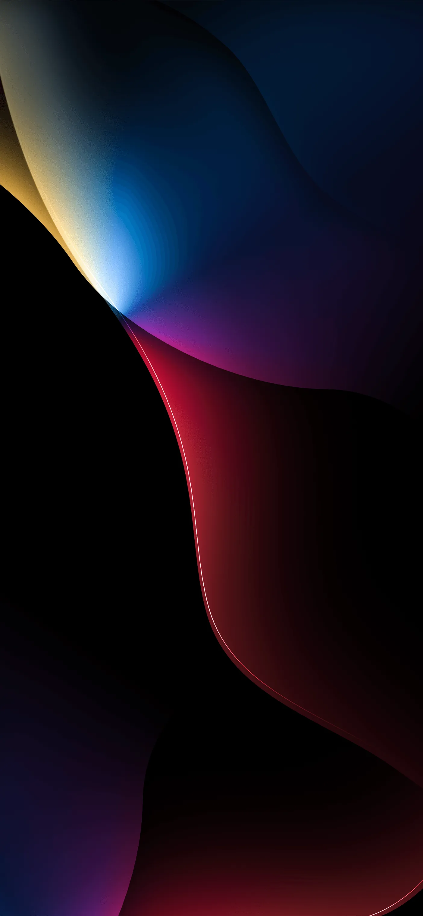Broad curves of blue, gold and deep red bleed into one another over black, brightest at the top left and dark along the bottom.