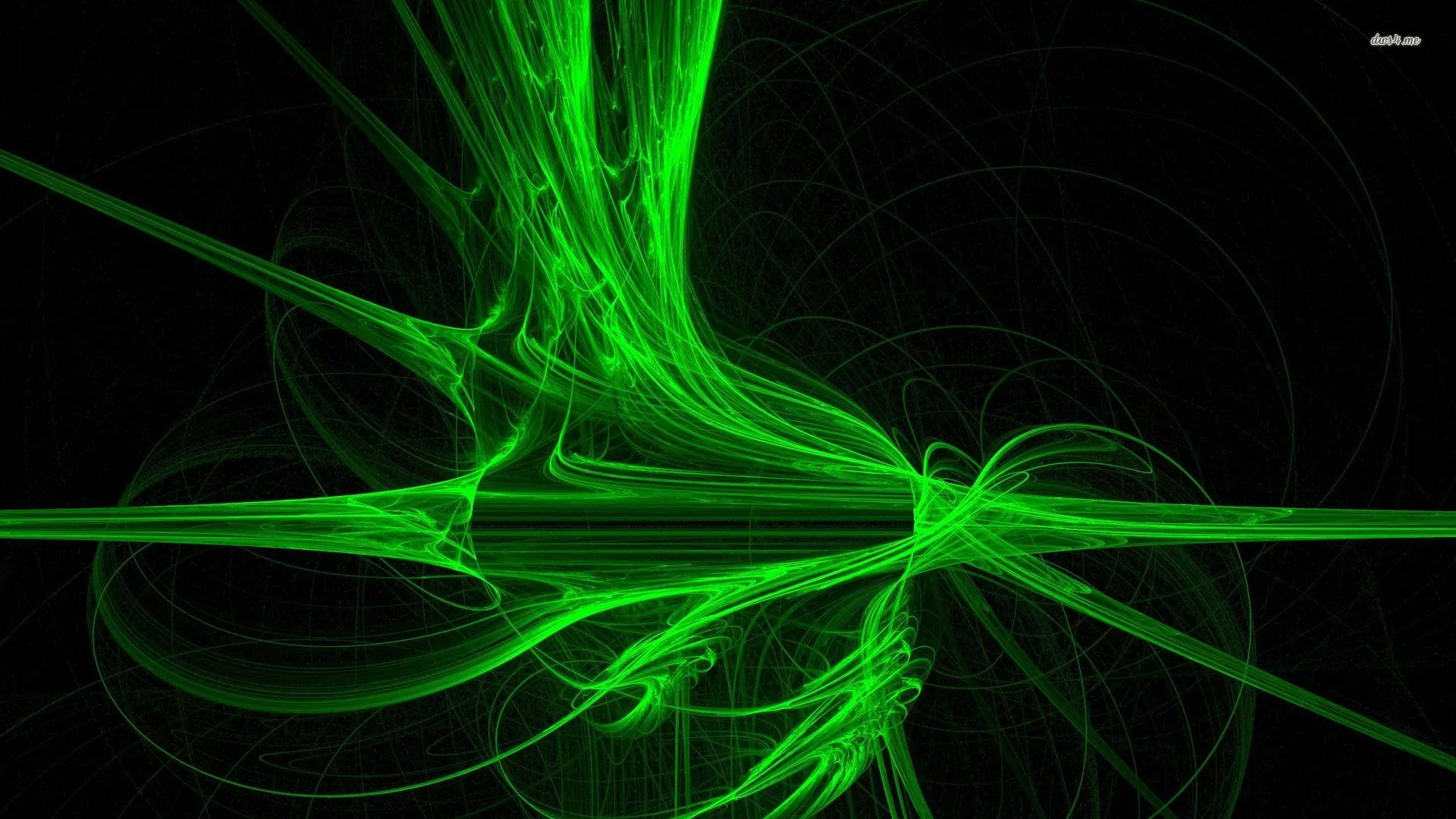 Fine green filaments twist and spread from the centre like smoke caught in a laser, the corners falling away to black.