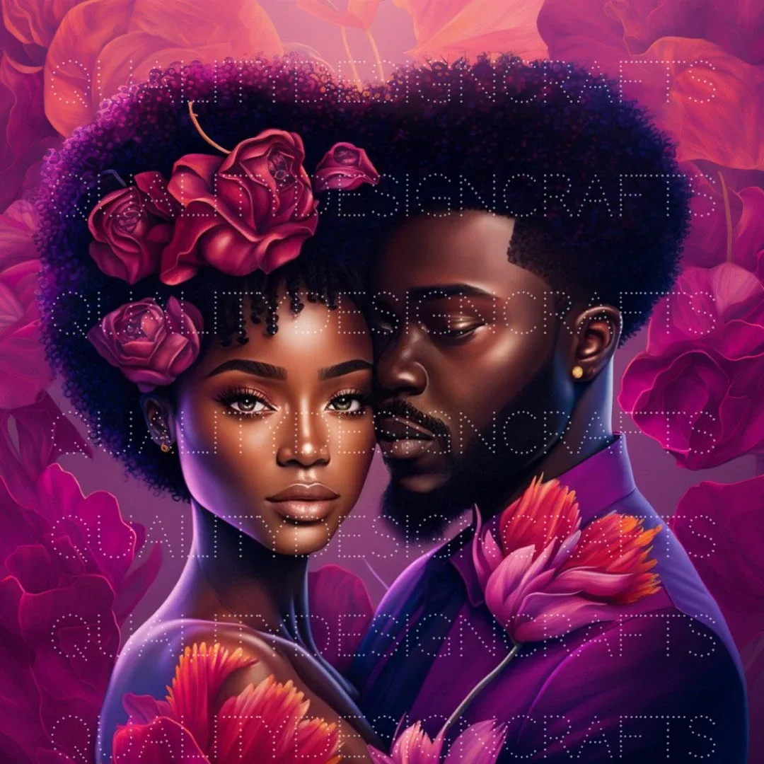 Digital portrait of two people cheek to cheek, roses tucked into her afro and heavy magenta blooms filling every corner of the square.