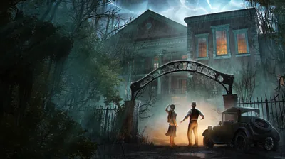 Game-style art of two people at the rusted gate of a decaying plantation house, a vintage car parked right, everything washed in sickly green mist.