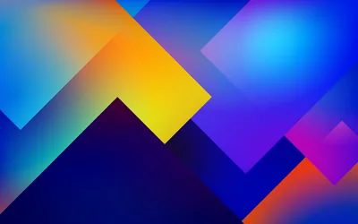 Translucent squares and triangles overlap at 45 degrees in cobalt, amber and magenta, a dark navy peak rising through the centre like a low-poly mountain.