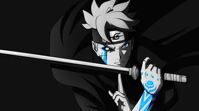 A short-haired ninja holds a sword across the frame, one eye and the hilt wrappings glowing cyan against a black hood.