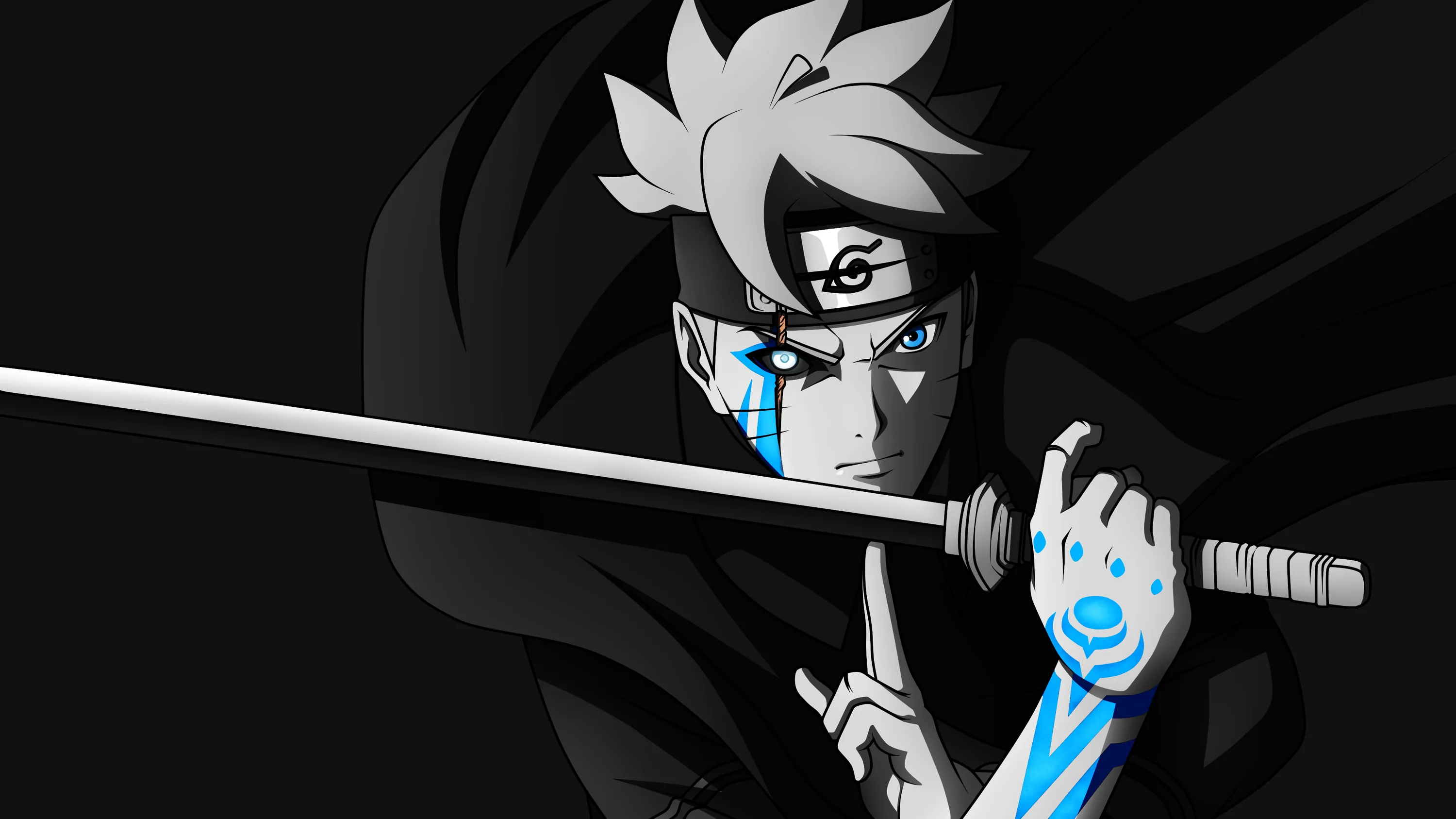 A short-haired ninja holds a sword across the frame, one eye and the hilt wrappings glowing cyan against a black hood.