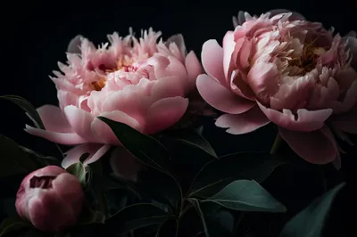Two heavy peony heads and a closed bud sit low in the frame, deep green foliage tucked beneath them against a black wall.