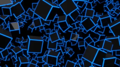 Dozens of black cubes tumble at random angles, each edge traced in glowing blue, the pattern even enough that icons read anywhere on screen.